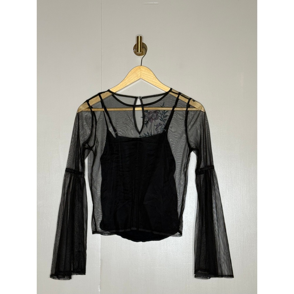 Hollister Black Mesh Embroidered Floral Bell Sleeve Top XS - Picture 6 of 8